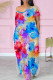 Blue Red Casual Print Pocket Patchwork Slit O Neck Straight Dresses