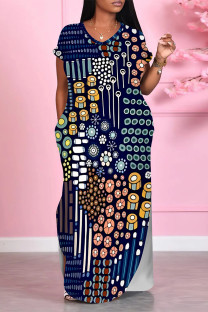 Navy Blue Casual Floral Print Pocket Slit Contrast V Neck Printed Dresses