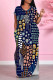 Navy Blue Casual Floral Print Pocket Slit Contrast V Neck Printed Dresses