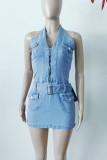 Light Blue Sexy Solid Color Pocket Patchwork Zipper Halter Sleeveless Skinny Denim Dresses