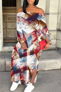 Red White Sexy Geometric Print Slit Contrast Off Shoulder Printed Dresses
