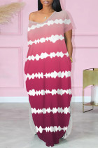 Red Casual Striped Print Pocket Contrast V Neck Printed Dresses