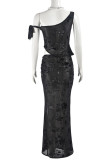 Black Sexy Print Patchwork Backless High Slit Strap Design Asymmetrical Collar Sleeveless Two Pieces