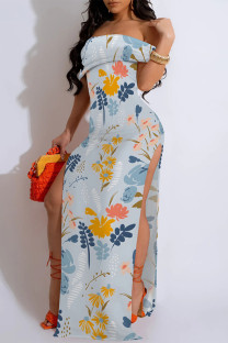 Baby Blue Sexy Floral Print Slit Contrast Off Shoulder Printed Dresses