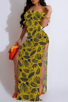 Yellow Sexy Floral Print Slit Contrast Off Shoulder Printed Dresses