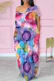 Red Casual Print Pocket Patchwork Slit O Neck Straight Dresses
