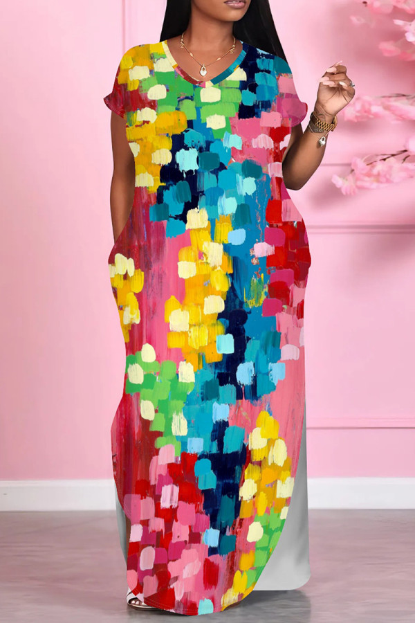 Colour Casual Print Pocket Patchwork Slit O Neck Straight Dresses