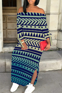 Blue Sexy Geometric Print Slit Contrast Off Shoulder Printed Dresses