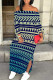 Blue Sexy Geometric Print Slit Contrast Off Shoulder Printed Dresses