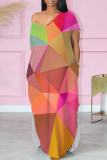 Khaki Casual Print Pocket Patchwork Slit V Neck Straight Dresses
