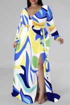 White Casual Floral Print Lace Up Slit V Neck Printed Plus Size Dresses