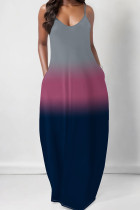 Tibetan Blue Sexy Gradient Color Pocket Patchwork Backless Spaghetti Strap Sling Dresses
