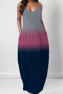 Tibetan Blue Sexy Gradient Color Pocket Patchwork Backless Spaghetti Strap Sling Dresses