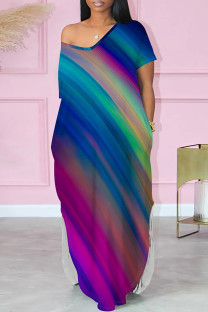 Multicolor Casual Print Pocket Patchwork Slit V Neck Straight Dresses