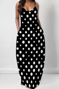 Black Sexy Gradient Color Pocket Patchwork Backless Spaghetti Strap Sling Dresses