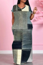 Gray Blue Casual Print Pocket Patchwork Slit V Neck Printed Dresses
