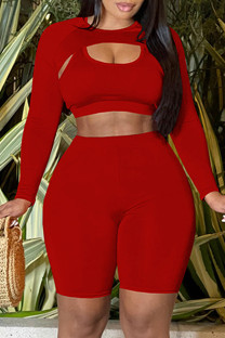 Red Casual Solid Color Basic O Neck Long Sleeve Three Piece Set