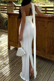 Black Elegant Solid Color Patchwork Backless Slit Asymmetrical Collar Long Dresses