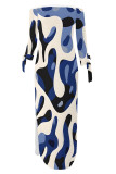 Blue Sexy Geometric Print Slit Contrast Off Shoulder Printed Dresses