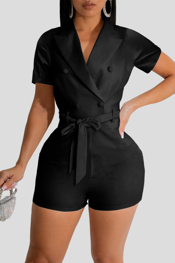 Black Casual Solid Color Buttons Patchwork Strap Design V Neck Regular Rompers