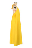 White Casual Daily Solid Color Draw String Lace Up Backless Halter Sleeveless Dresses