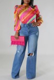 Colour Casual Print Belted Turtleneck Tops