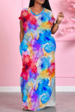 Red Casual Print Pocket Patchwork Slit O Neck Straight Dresses
