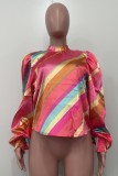 Colour Casual Print Belted Turtleneck Tops