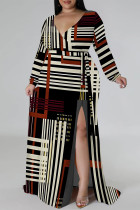 Stripe Casual Floral Print Lace Up Slit V Neck Printed Plus Size Dresses