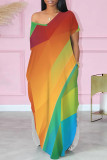Khaki Casual Print Pocket Patchwork Slit V Neck Straight Dresses