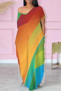 Orange Yellow Casual Print Pocket Patchwork Slit V Neck Straight Dresses
