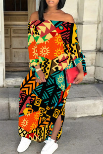 Orange Sexy Geometric Print Slit Contrast Off Shoulder Printed Dresses