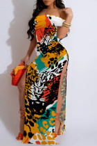 Leopard Print Sexy Striped Print Animal Print Slit Contrast Off Shoulder Printed Dresses