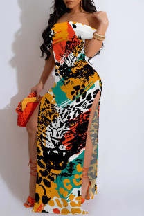 Leopard Print Sexy Striped Print Animal Print Slit Contrast Off Shoulder Printed Dresses