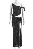 Black Sexy Print Patchwork Backless High Slit Strap Design Asymmetrical Collar Sleeveless Two Pieces
