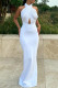 White Elegant Solid Color Hollow Out Patchwork Backless Ruched Halter Long Dresses