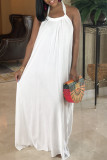 White Casual Daily Solid Color Draw String Lace Up Backless Halter Sleeveless Dresses