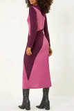 Pink Casual Patchwork Slit Contrast O Neck Long Sleeve Dresses