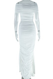 White Elegant Solid Color Patchwork High Slit Ruched Strap Design Off Shoulder Long Dresses