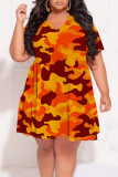 White Casual Camouflage Print Patchwork Contrast V Neck Printed Plus Size Dresses