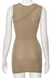 Gold Sexy Solid Color Hollow Out Patchwork Ruched O Neck Wrapped Skirt Dresses