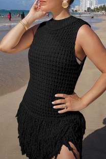 Black Celebrities Solid Color Fringed Trim Hollow Out Patchwork Half A Turtleneck Straight Dresses