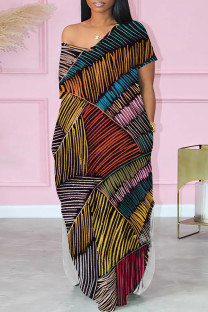 Yellow Red Casual Print Pocket Patchwork Slit V Neck Straight Dresses