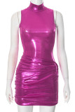 Rose Red Sexy Solid Color Patchwork Ruched Turtleneck Wrapped Skirt Dresses