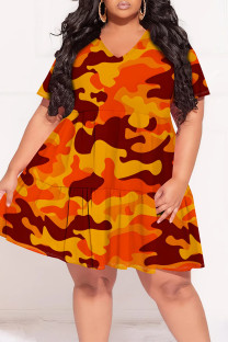 Orange Casual Camouflage Print Patchwork Contrast V Neck Printed Plus Size Dresses