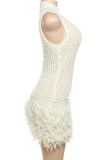 Black Celebrities Solid Color Fringed Trim Hollow Out Patchwork Half A Turtleneck Straight Dresses