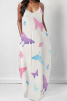 Powder Blue Sexy Gradient Color Pocket Patchwork Backless Spaghetti Strap Sling Dresses