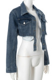 Blue Sexy Solid Color Pocket Buckle Patchwork Turndown Collar Long Sleeve Regular Denim Jacket