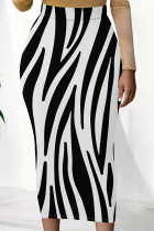 White Elegant Striped Print Contrast Regular High Waist Full Print Bottoms