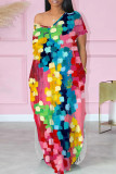 Red Casual Print Pocket Patchwork Slit O Neck Straight Dresses